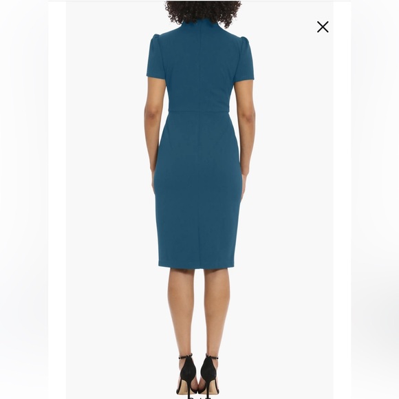 NWT Maggy London Tie Neck Puff Sleeve Scuba Crepe Dress in Teal. Size 6 - Picture 2 of 7